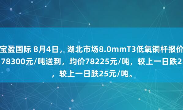 宝盈国际 8月4日，湖北市场8.0mmT3低氧铜杆报价78150-78300元/吨送到，均价78225元/吨，较上一日跌25元/吨。