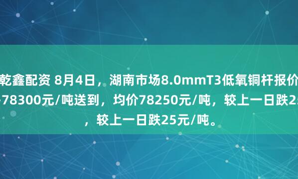 乾鑫配资 8月4日，湖南市场8.0mmT3低氧铜杆报价78200-78300元/吨送到，均价78250元/吨，较上一日跌25元/吨。